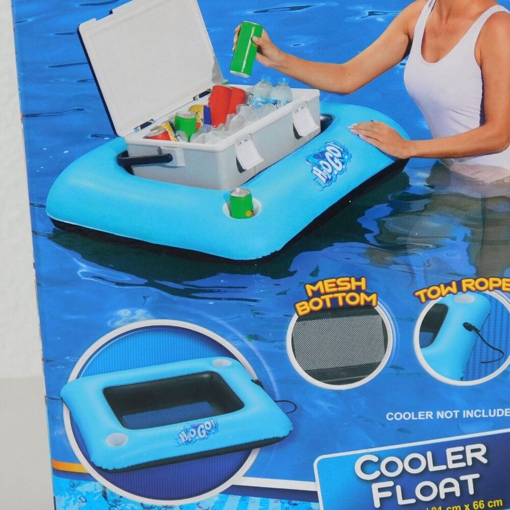 H2O GO Inflatable Cooler Float Blue Summer Pool 32 x 26" Mesh Bottom Tow Rope - Picture 2 of 8